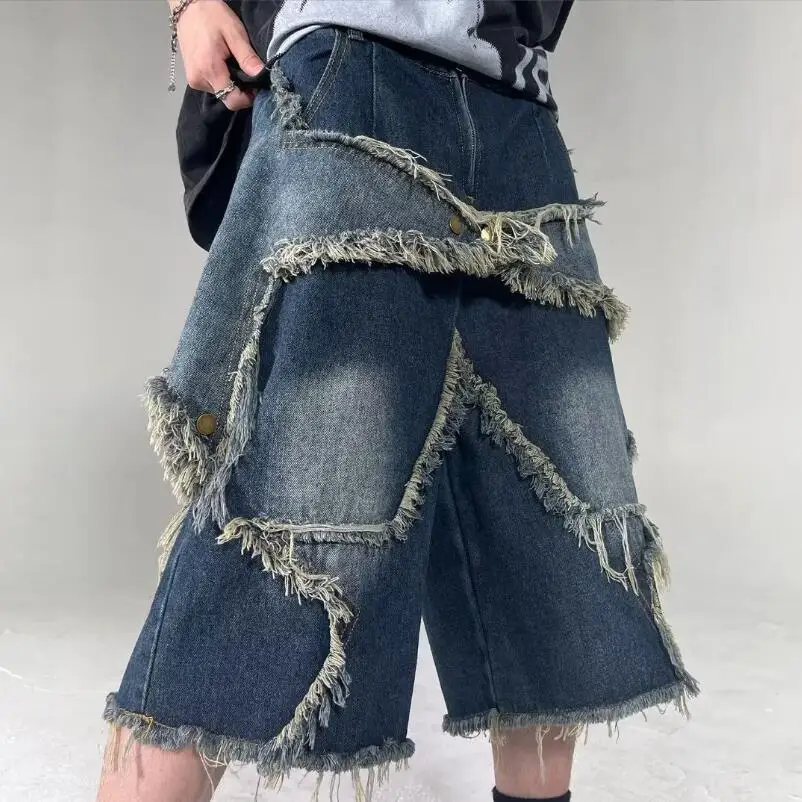 

American new style retro star patch tassel men denim shorts loose casual hip-hop street couple pants sweatpants 2024 w757
