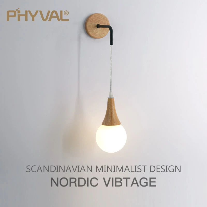

PHYVAL Modern Wall Lamp Bedroom Bedside Lamp E27 Bulbs Living Room Wall Lights Wooden Aisle Lamp Japanese long-line Glass Lamps