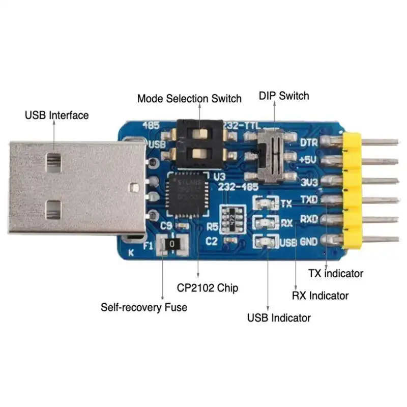 CP2102 USB 2.0 to TTL 6-in-1 Serial Port Module Converter 485 232 Serial Adapter 3.3V/5V with Dupont Cable Serial Module