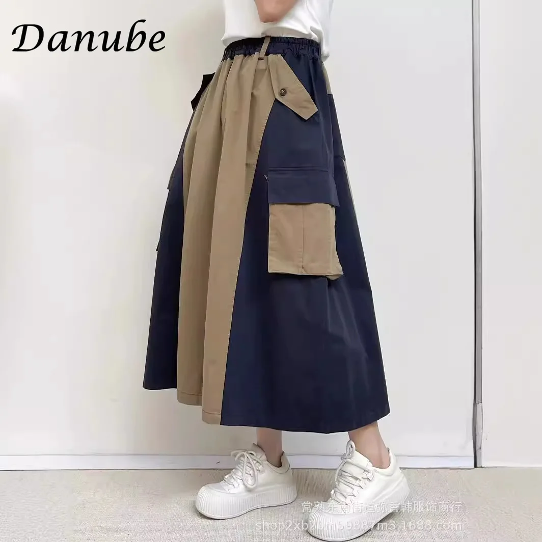 Japanese Patchwork Cargo Skirt For Women Spring Summer Casual Pocket High Waist Mid-length Skirt Y2k Harajuku Retro Jupe Femme