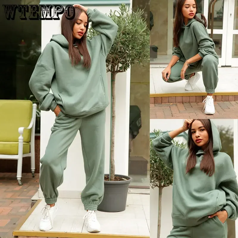 WTEMPO Tracksuits Women Casual Solid Warm Suits Hoodies Sweatpants Female Autumn Winter Pullovers Sweatshirts Pants 2 Piece Set