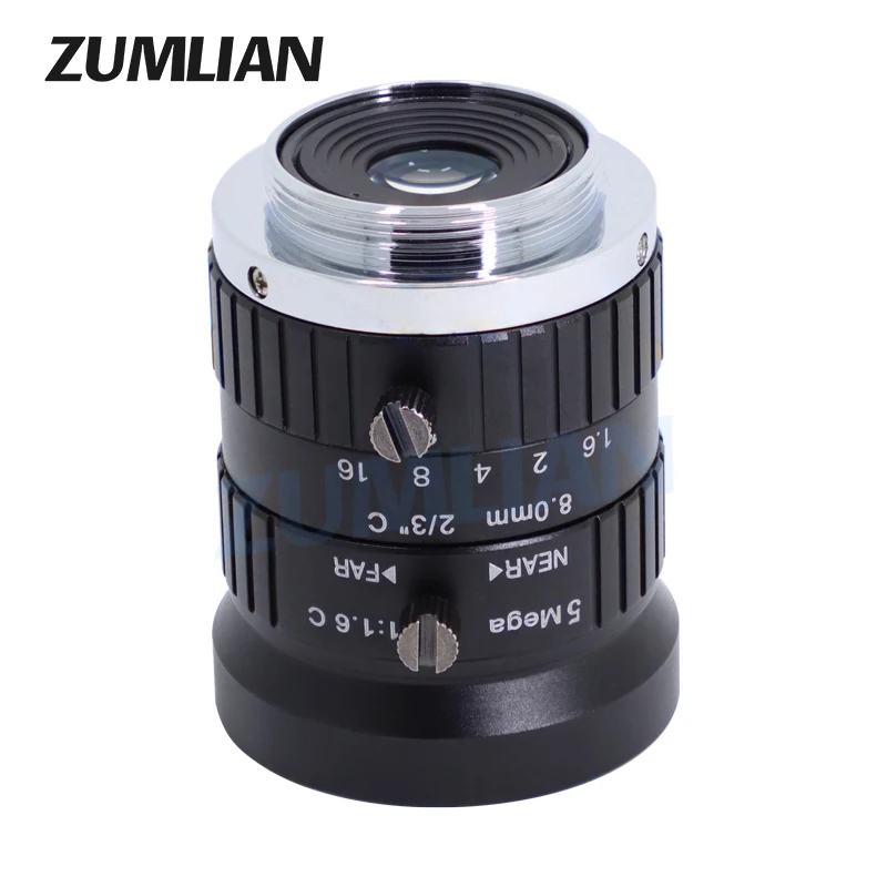 ZUMLIAN 8mm F1.6 Lens C-Mount 2/3 Inch Sensor 5MP Low Distortion Fixed Focus FA Camera Lens for Industrial Inspection