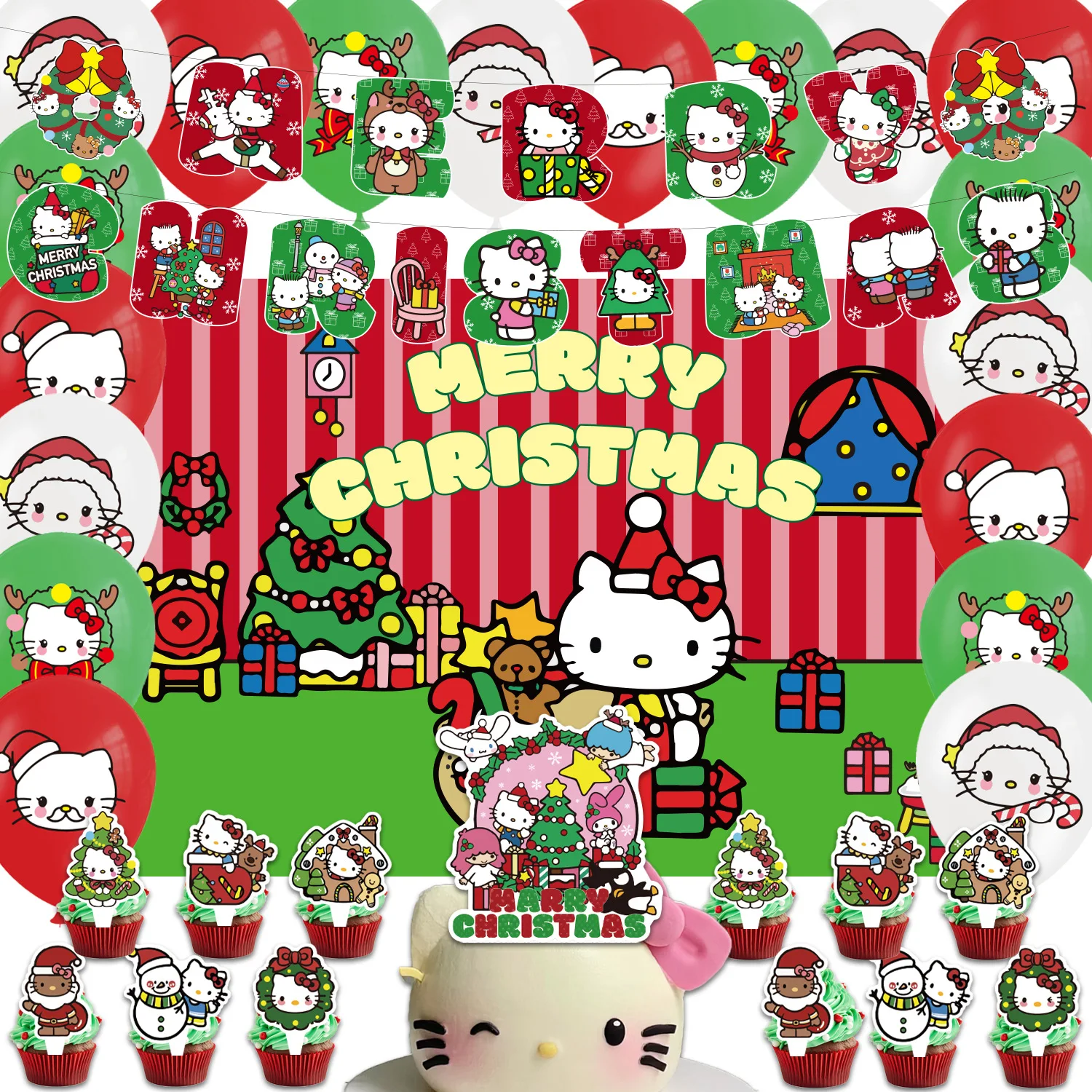 New Cartoon Sanrio Christmas Party Decorations, Flags, Balloons Background Cloth Cake Insert Row Sanrio Party Supplies. Gift