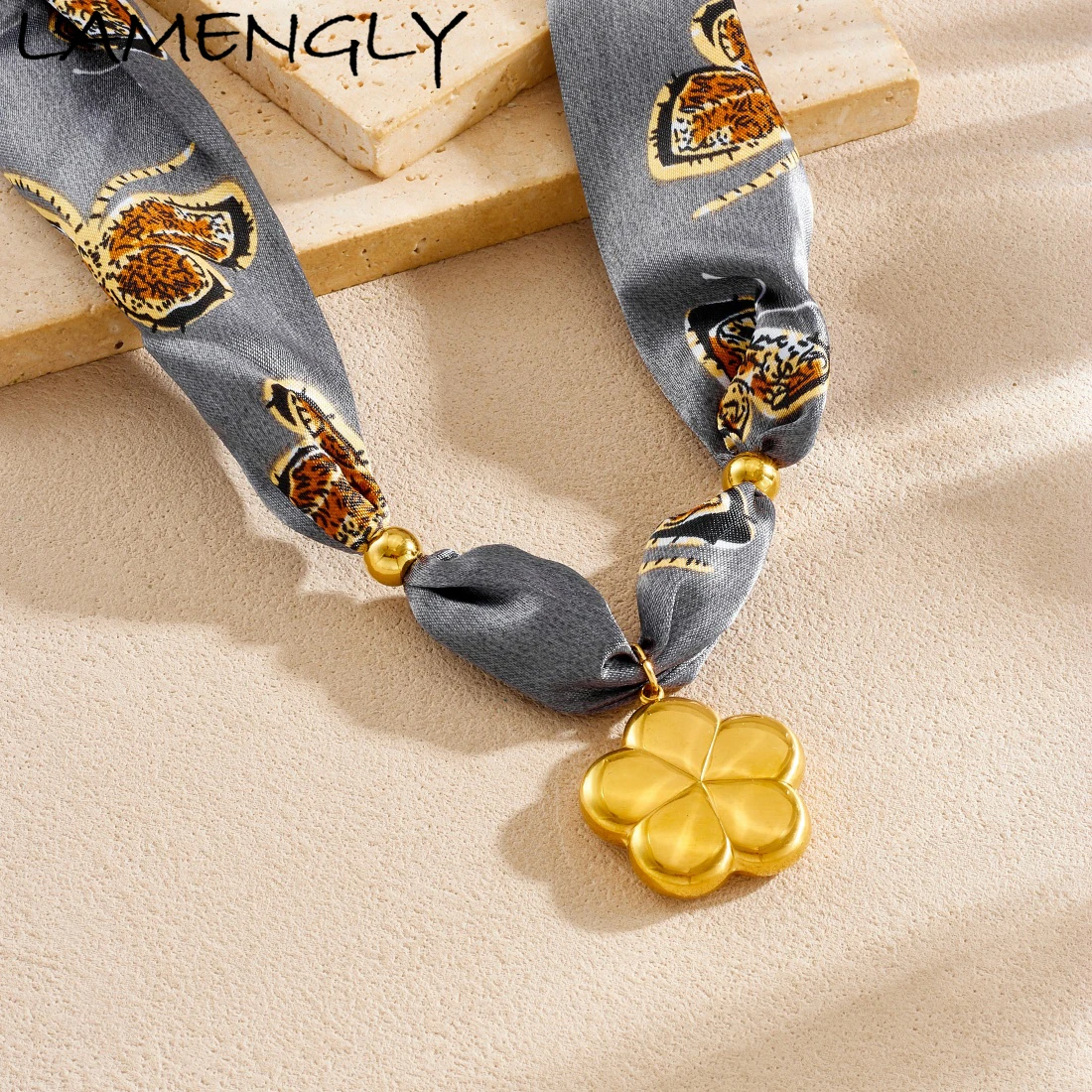 

LAMENGLY 316L Stainless Steel Butterfly Grey Ribbon Chain Minimalist Flower Design Pendant Necklace Women Charming Neck Chian