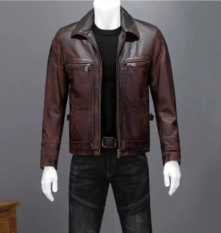 Free shipping.Dermis Brand new men cowhide coat.Natural quality men's genuine Leather jacket.бычина vintage leather cloth brown