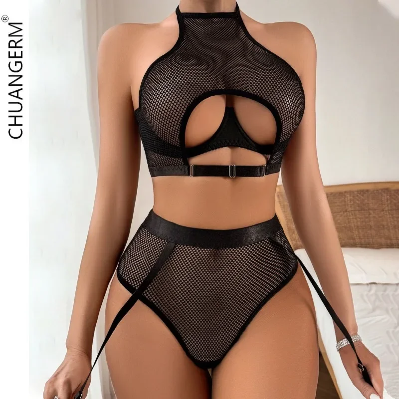 

CHUANGERM Sexy Lingerie Set Garter belt Mesh Fluoroscopy Lingerie Erotic suit mesh hanging neck hollow back sexy lingerie