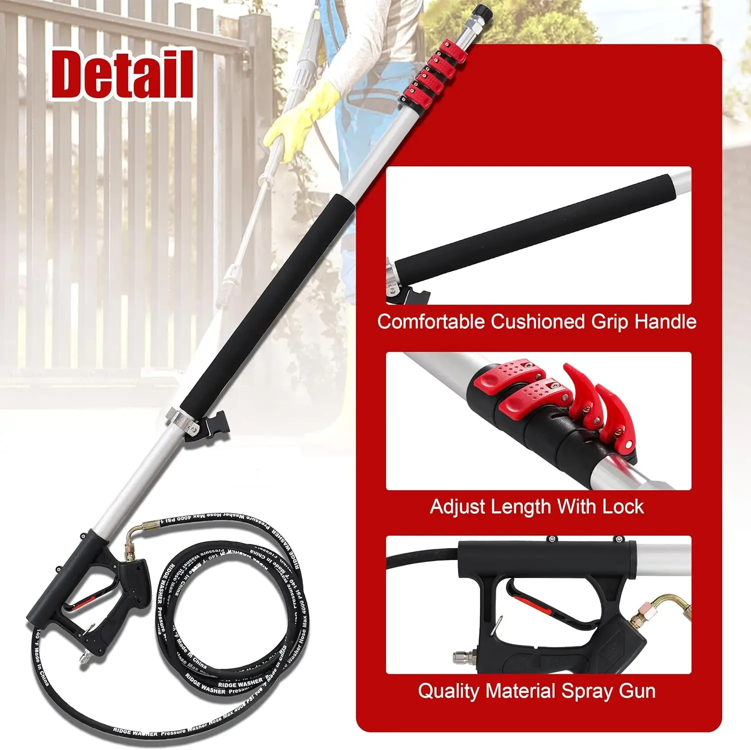 24피트 텔레스코핑 고압 세척기 완드, 3개의 곡선 완드, 7개의 노즐 팁, 조절 가능한 벨트 및 어댑터 포함, 고도 청소용