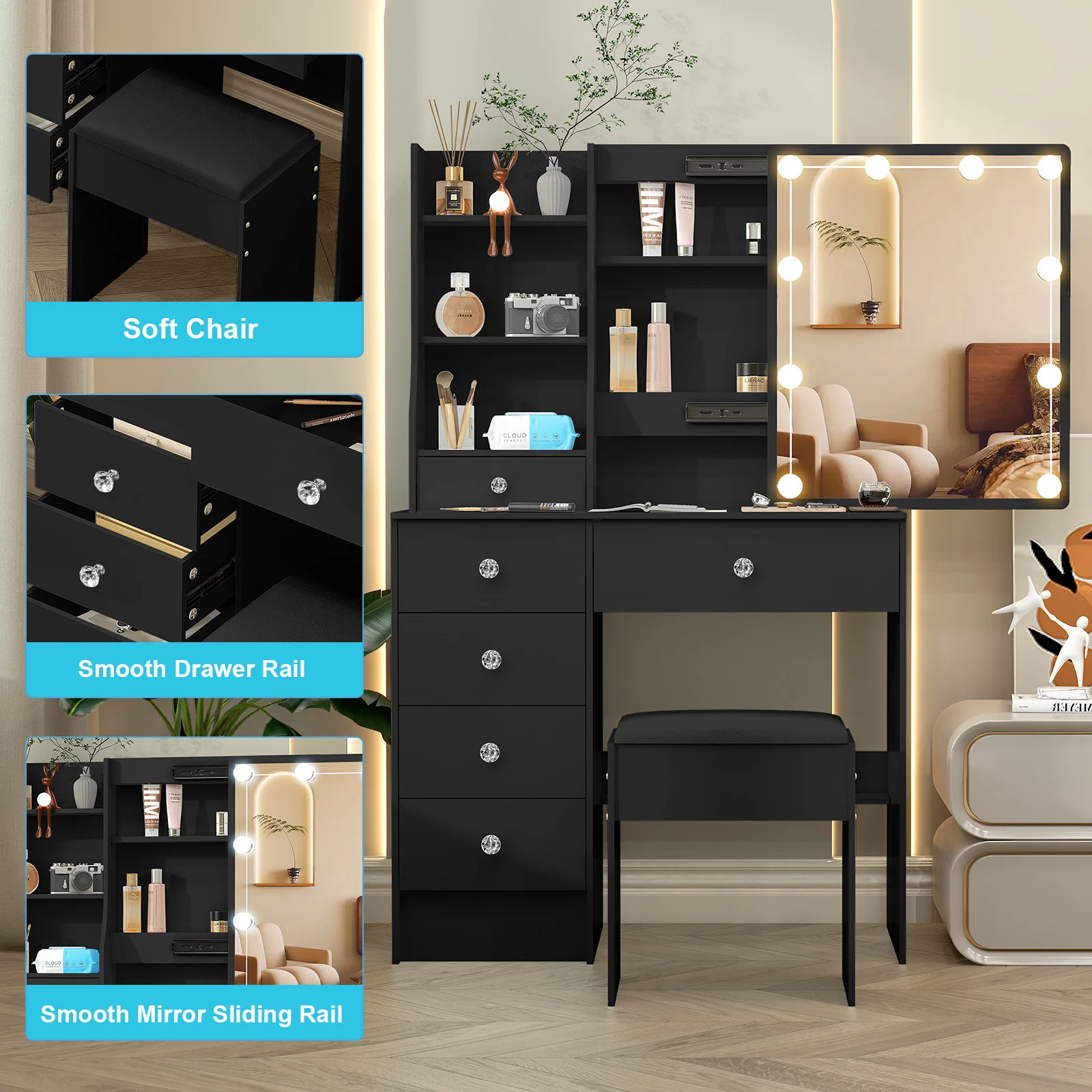 مجموعة زينة مضاءة LED مع مرآة منزلقة وأدراج طاولة تزيين Yamissi ومقعد #4
