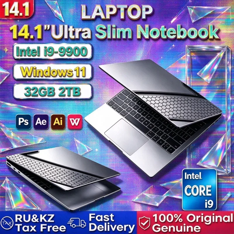 Intel Core I9 9900 14.1 Inch Laptop 32GB 2TB NVMe SSD Windows 11 High Efficiency Gaming Notebook Gamer PC