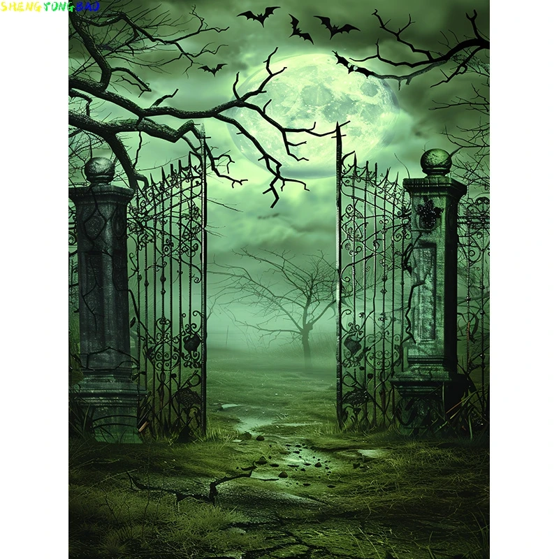 Happy Halloween Party Backdrop Full Moon Scary Night Castle Graveyard Forest Bats Pumpkin Lantern  Photography Background JS-1