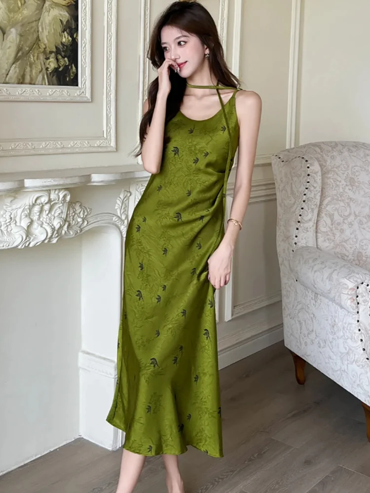 レディース グリーン プリント サテン シック スリング セクシー ロングドレス サマー プリーツ ボディコン ラグジュアリー ドレス 2025 韓国 ヴィンテージ エレガント イブニングドレス