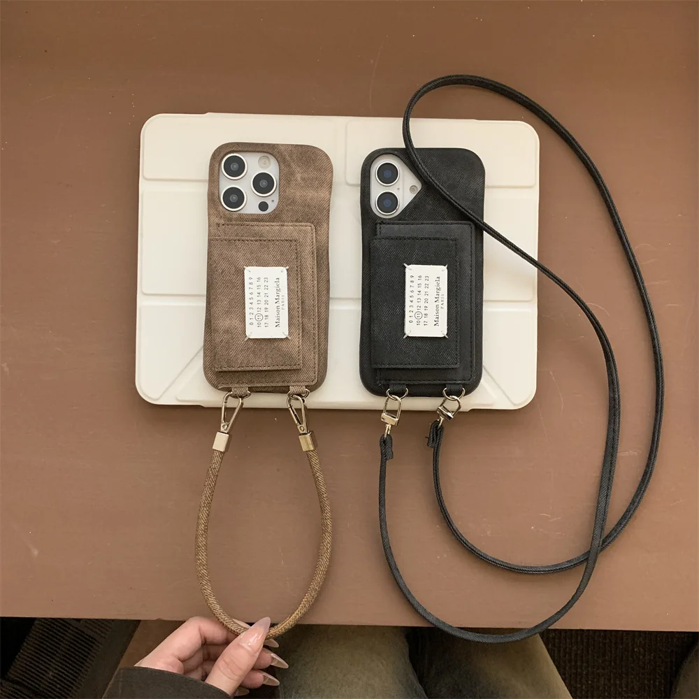 

Luxury leather card bag crossbody phone case for iPhone 17 Pro Max 16 13 14 15 16 12 Cover with wristband for men and women fun