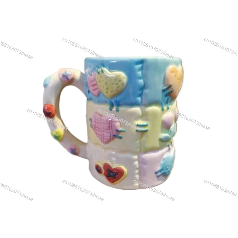Patchwork color block love girl heart high temperature resistant ceramic with lid water cup cup gift