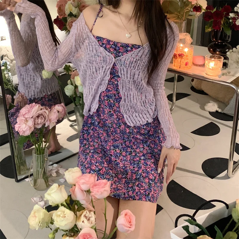 Purple Summer Cardigan Women Thin Soft Long Sleeves Short Cut Ruffles Patchwork Office Lady Elegant Knitting Cape Summer Shirts