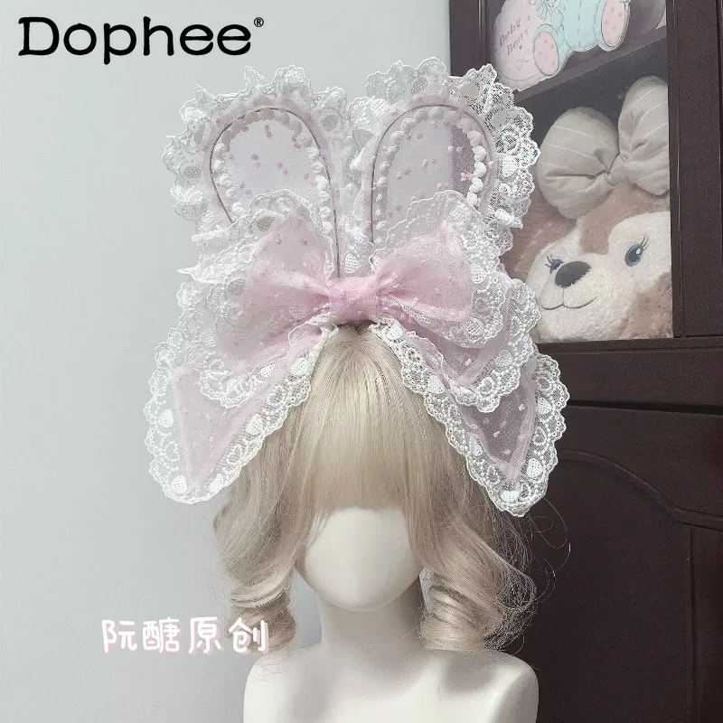 

Japanese Original Lolita Strawberry Cartoon Bunny Ear Bow KC Lace Sweet Cute Headband Versatile Doll Hair Accessory
