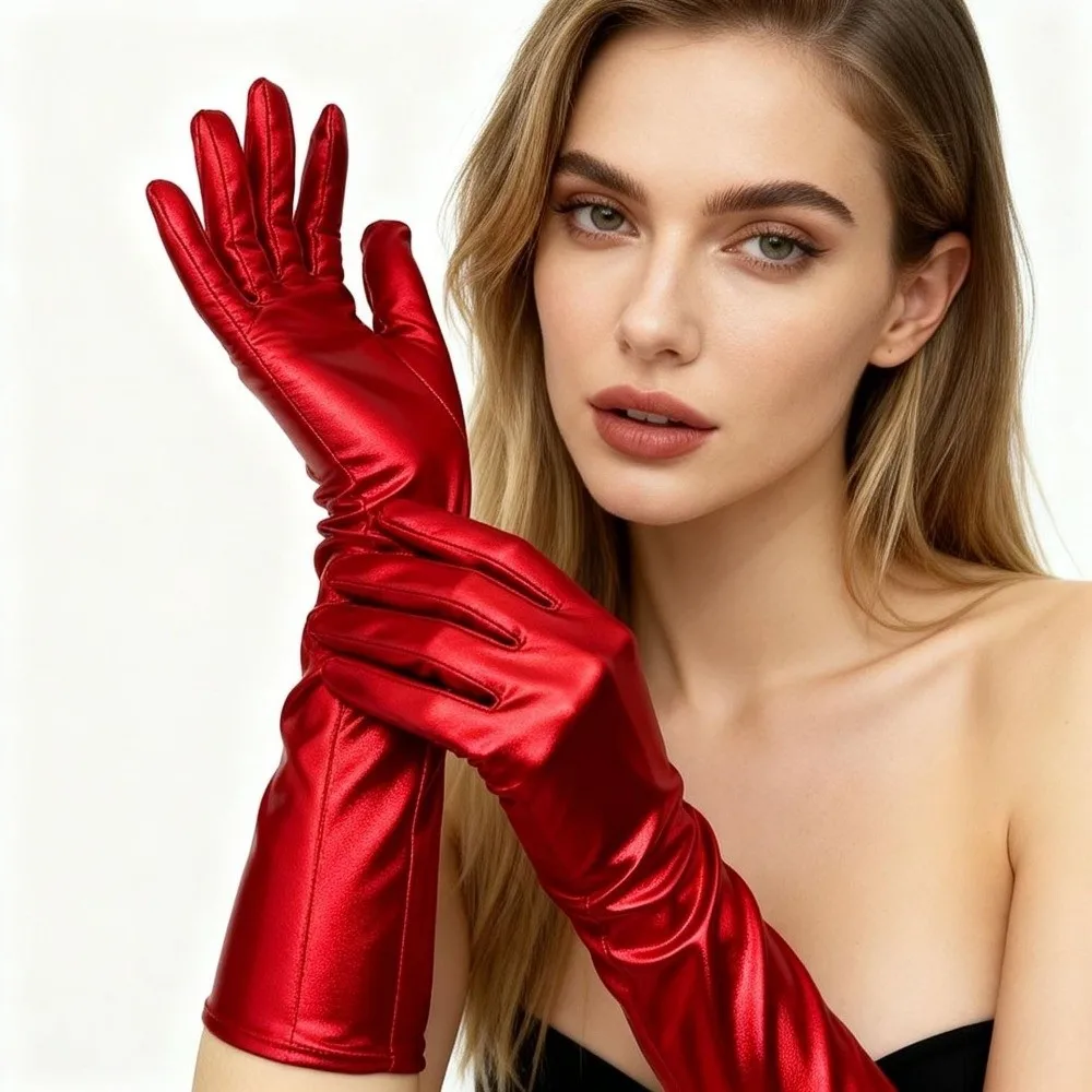 Slim Solid Color Patent Leather Gloves Elastic Cloth Long Gloves Sun Protection Punk Women Mittens Photography