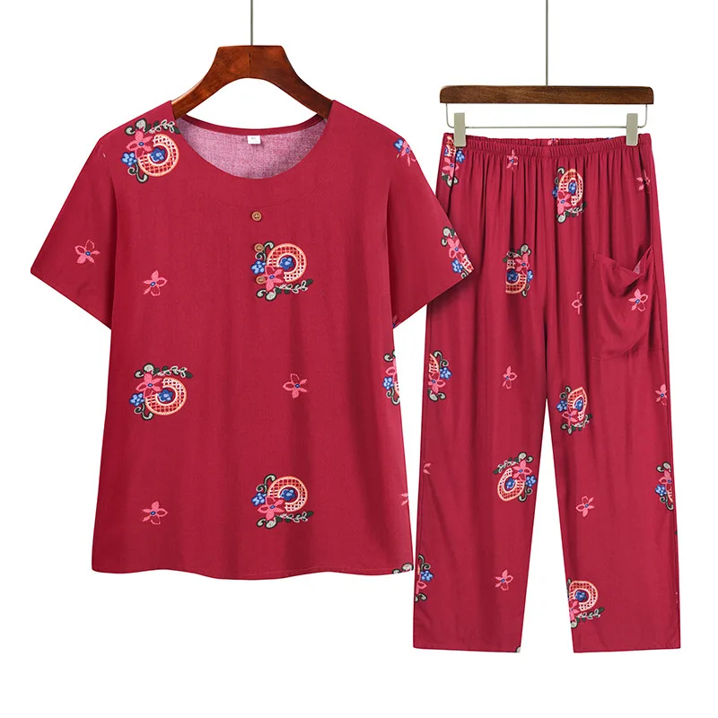 Middle Aged Mother Pajama Set For Women Pijama Feminino Plus Size Homewear Printing Short Sleeve Sleepwear Pyjama Pour Femme