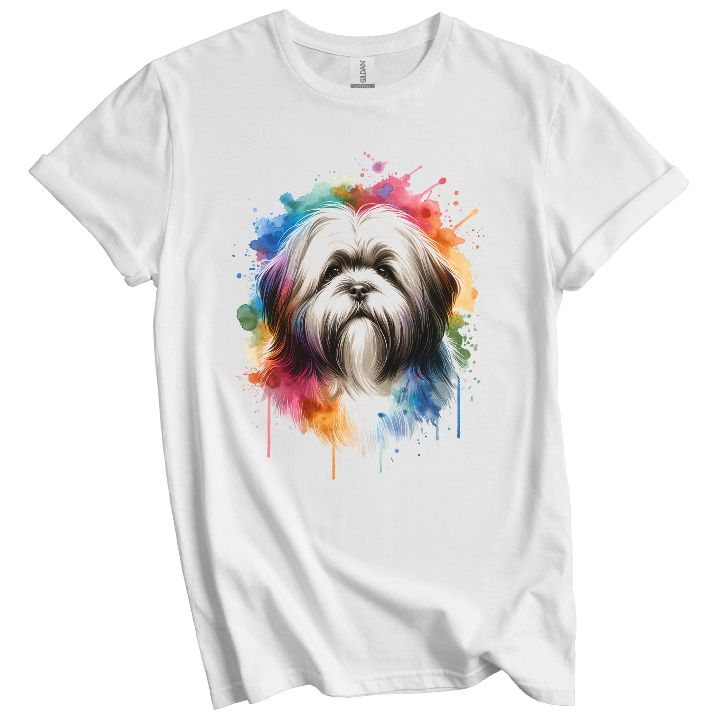 Lhasa Apso T Shirt Rainbow Watercolor Portrait Dog Lover Mom Dad