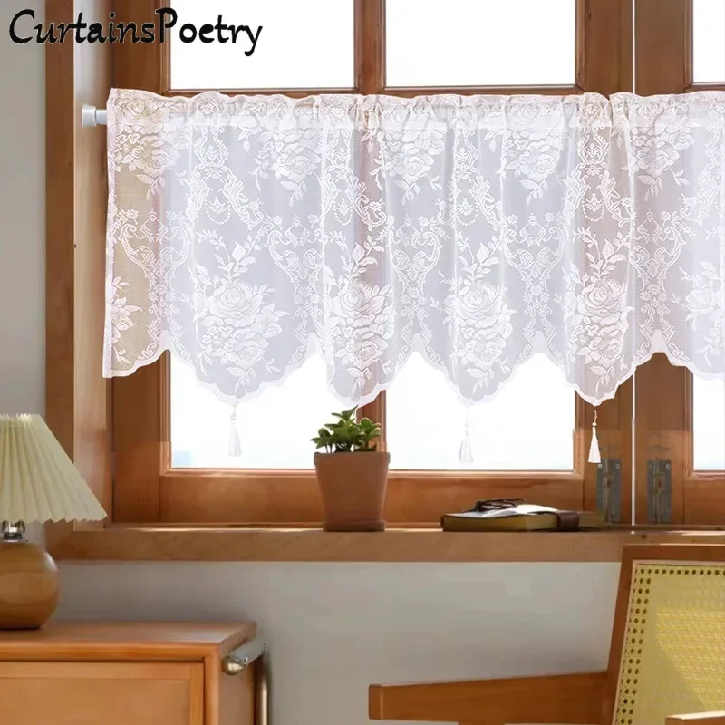 

Sheer White Valance for Kitchen Small Window Lace Curtain Rod Pocket for Living Room Floral Farmhouse Voile Curtain with Tassels