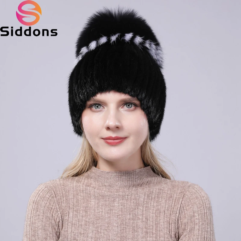 

2024 New Luxury Women Winter Mink Fur Hats Knitted Real Mink Silver Fox Fur Caps Female Russian Winter Warm Real Fur Beanies Hat