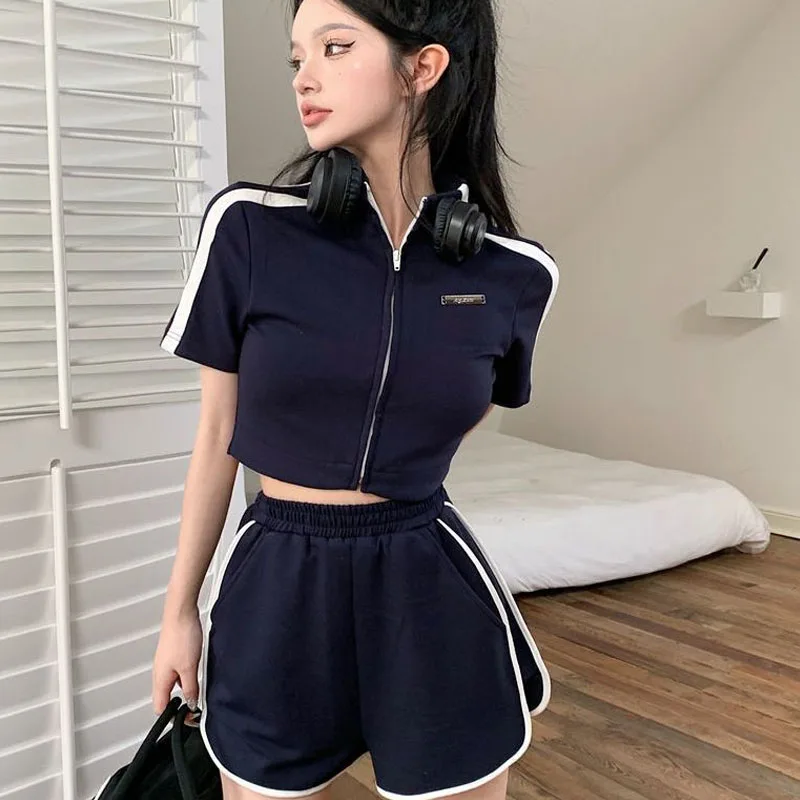 Lady Short Sleeved Stand-up Collar Summer White Hottie Patchwork T-shirt Fashion High Waisted Motion Casual Shorts Two Piece Set