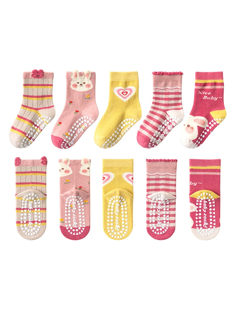 5 paires de chaussettes lapin mignon pour bébé fille, chaussettes antidérapantes en coton pour enfants, chaussettes de sol pour Trampoline de 1 à 12 ans