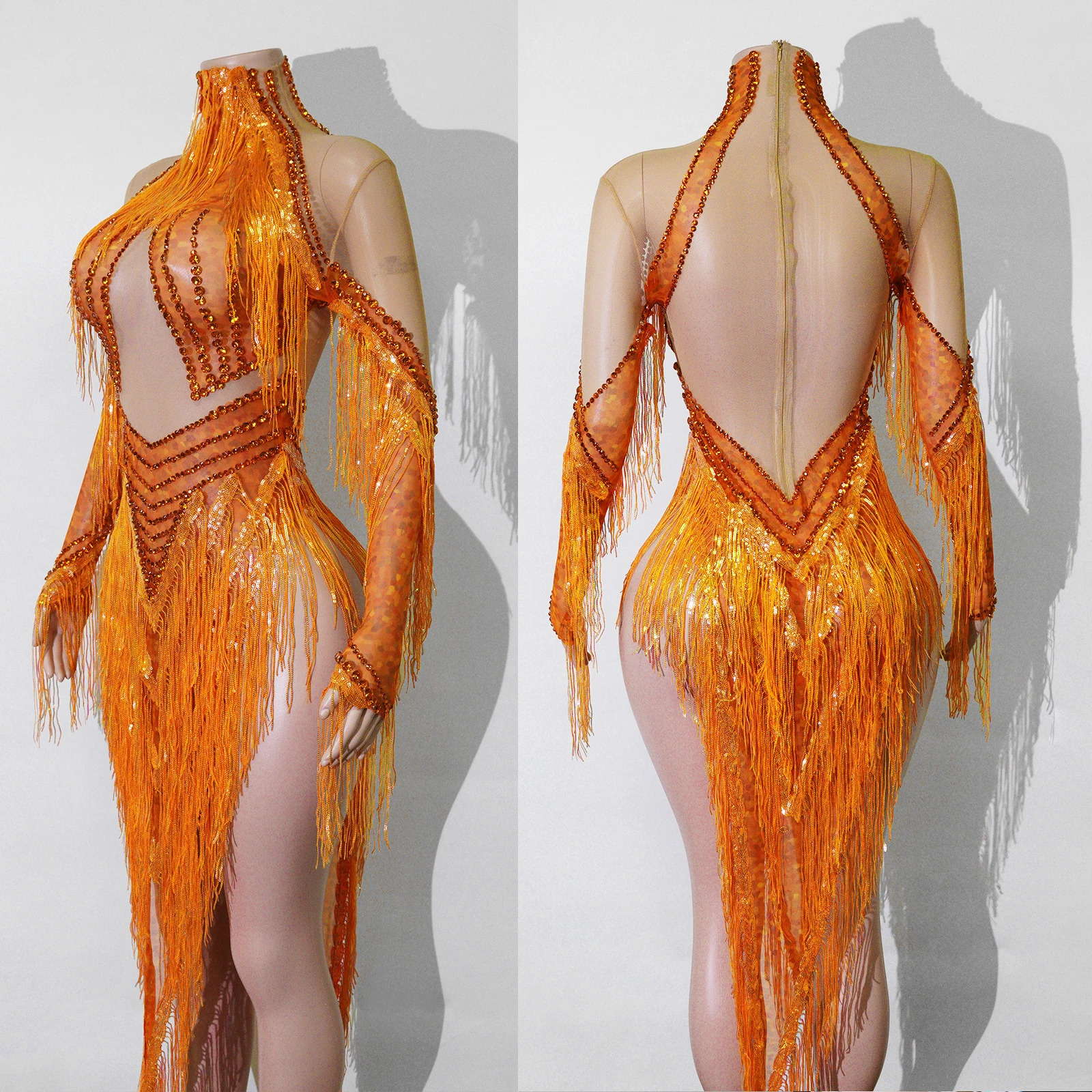 

New Orange Sequin Fringe Long Dress High Neck Off Shoulder Mesh Cutout High Slit Bodycon Gown Latin Dance Stage Costume Party