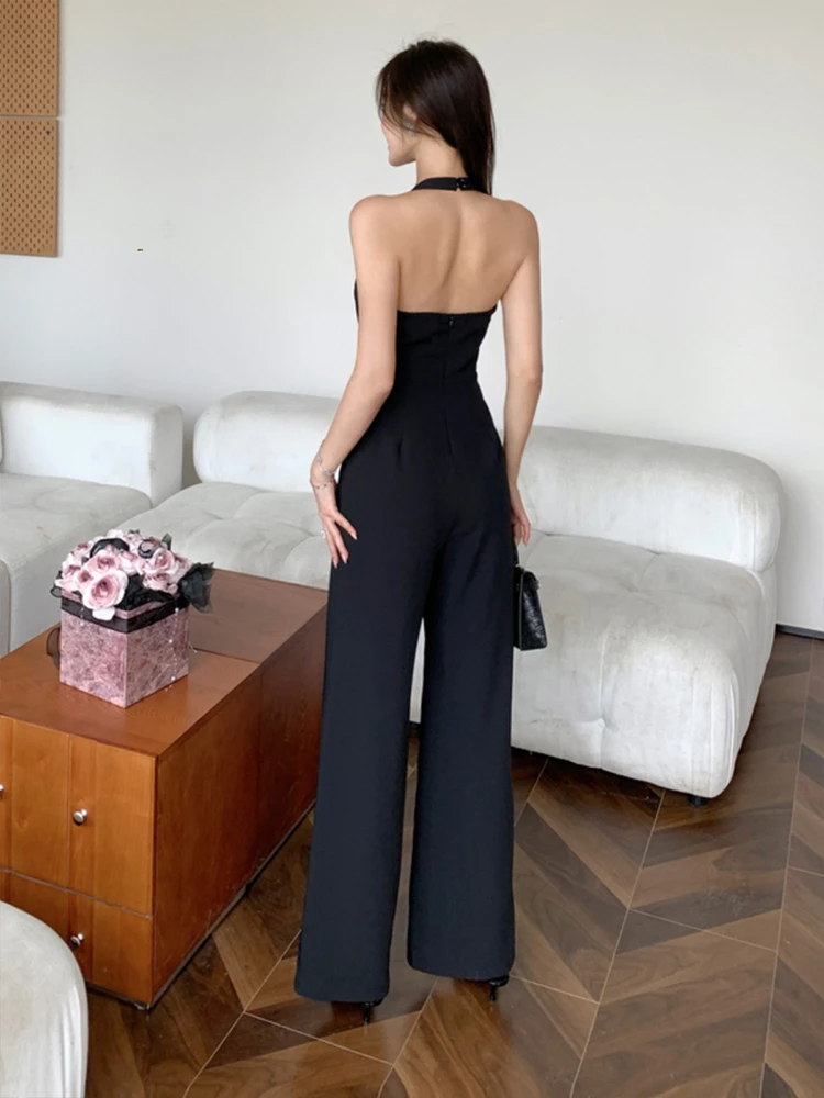 Summer Elegant Black V-Neck One Piece Long Jumpsuits Women Clothes Chic Hollow Sexy Halter Backless Femme Wide Leg Loose Rompers