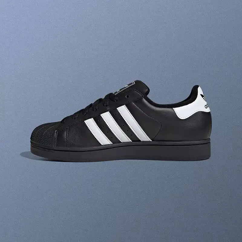 Adidas JI0079 Icon Shell Toe Trainers Black White Three Stripes Premium Leather Wear Resistant Rubber Outsole Daily Walking Shoe