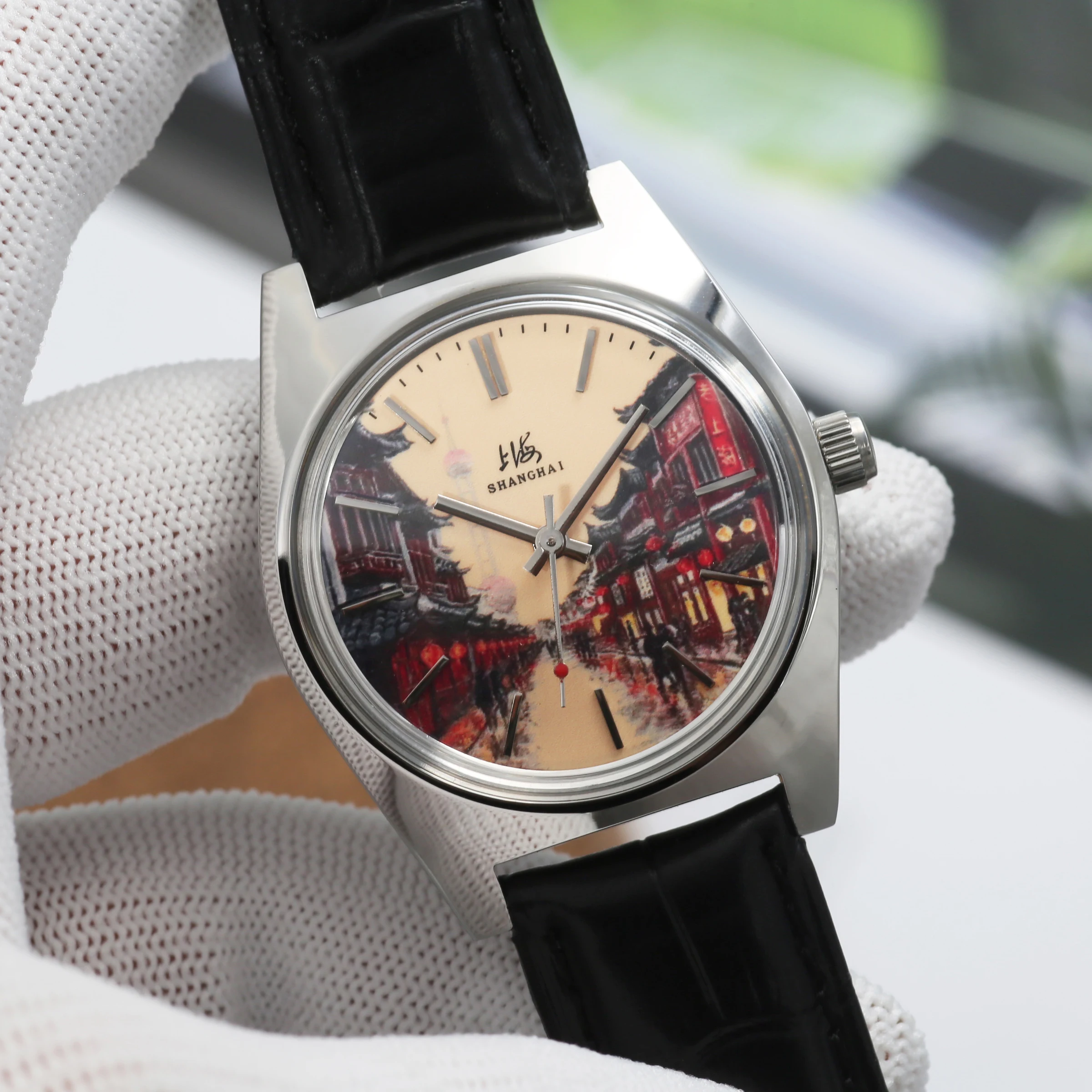 Shanghai 36MM Hand-Wind Mechanical Watch 7120 Waterproof Bauhaus Design Watch for Men Enamel Dial