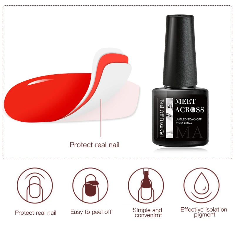 MEET ACROSS 7ml Peel Off Gel Base Gel No Need Remover Water Soak Off Nail Art UV Primer Gel Nail Polish Top Coat Polish Lacquer