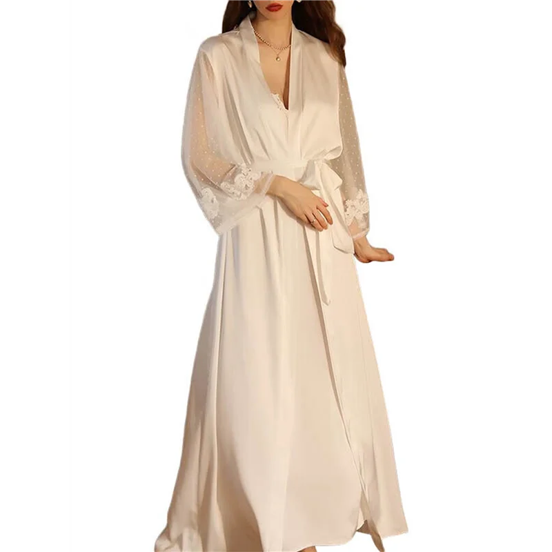 

【ADORN】Women's Long-Sleeved V-Neck Satin Extra-Long Nightgown Spa Dressing Gown Bathrobe Nightgown