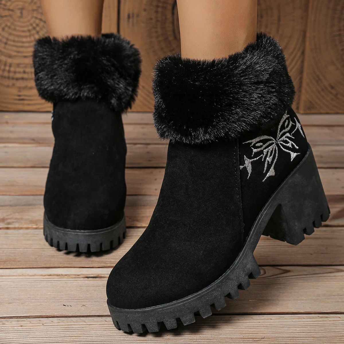 

Chunky Platform High Heel Furry Ankle Boots Women 2026 Winter Non Slip Thick Bottom Suede Snow Boots Butterfly Embroidery Shoes