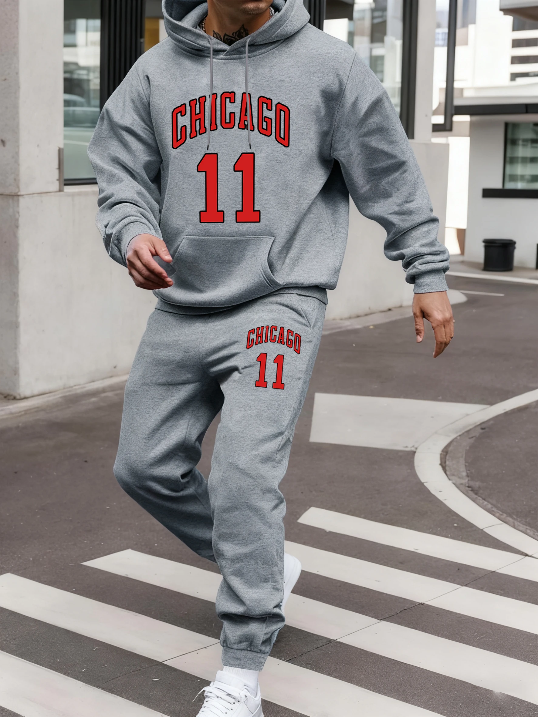 

Chicago Red Letter 11 Print Men Hoodie 2 Piece Set Pocket Loose Jogging Pants Casual Fleece Sportswear Autumn Comfy Sweatpant