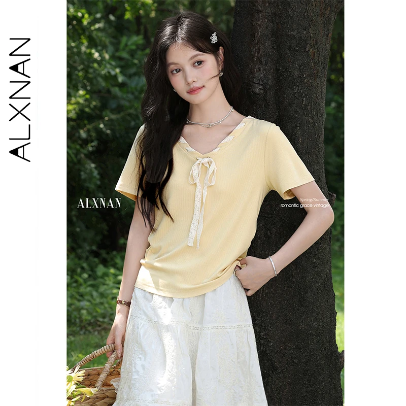 

ALXNAN Women's T-shirt Yellow V-neck Lace-up Design Chic T-shirts 2025 Summer Casual Office Lady Short Sleeve Tops Female L56350