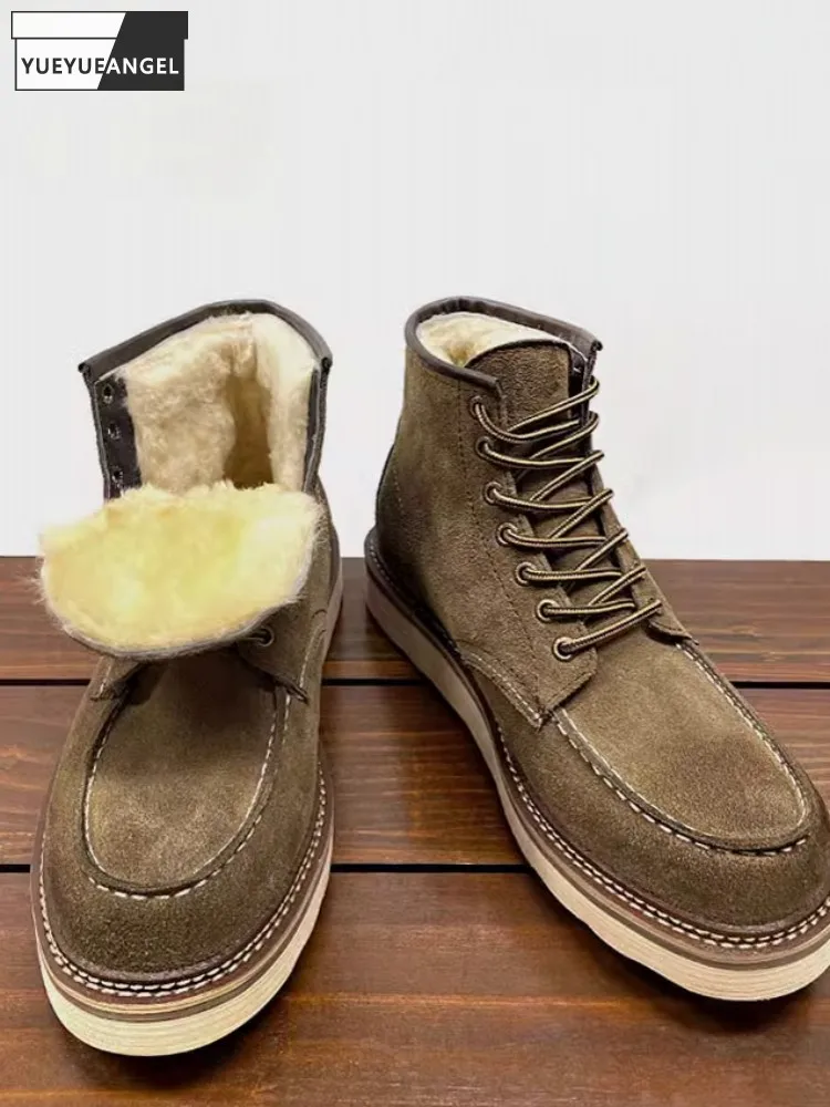 Vintage Designer Cow Suede Mens High Top Shoes New Winter Thicken Warm Wool Lining Snow Boots Lace Up Platform Short Boots Male