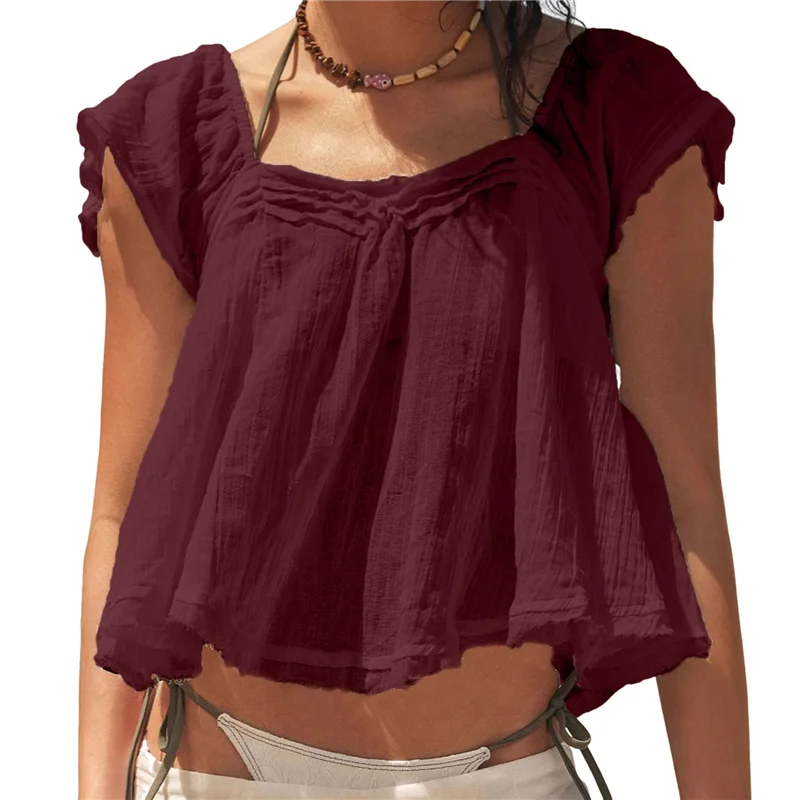 

Women's Tie Front Ruffle Boho Sheer Short Sleeve Lace Blouse Y2k Embroidered Babydoll Button Down Shirts