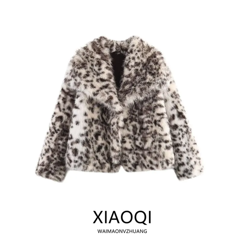 

Faionable Animal Print Artificial Fur Jaet Women's New Autumn Winter Outerwear Long Sve Stand Collar Regular Length