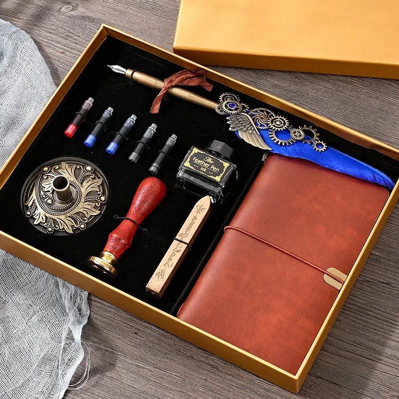 New Custom Ink Extraction Tube Pen Feather Notebook Fire Paint Seal Stationery Gifts Creative Retro Feather Pen Set with Ink Bag