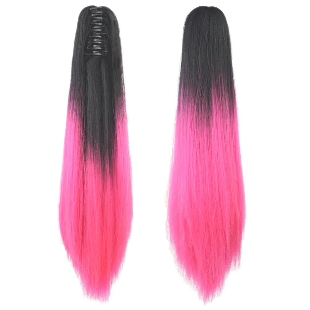 Soowee 24 \'\' Grampo de cabelo sintético reto na extensão do cabelo vermelho rosa garra rabo de cavalo postiços pônei fada cauda rabo de cavalo