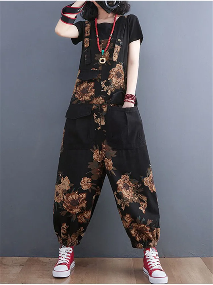 Straight Vintage Fashion Womens Jeans Overalls Casual Dames Zakken Bloemenprint Jumpsuit Losse Bloeiers Rompertjes Monos Mujer