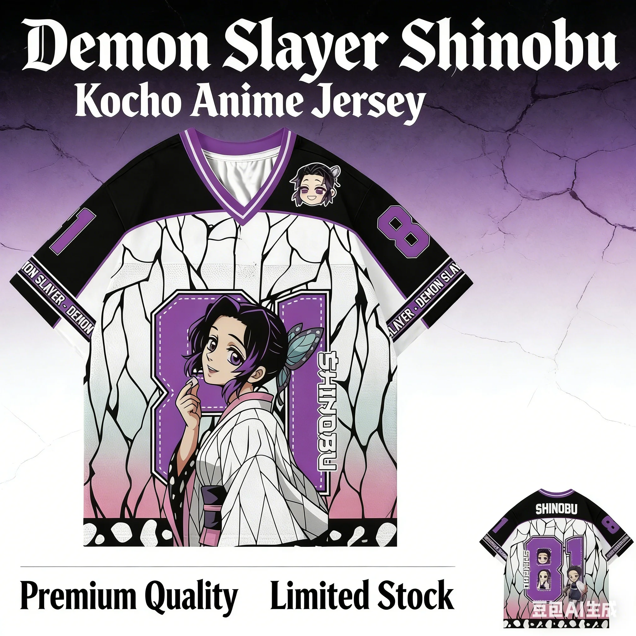 Neues Demon Slayer Shinobu Kocho Anime-Serie Nummer 81 Trikot Übergroßes Kpop Baseball Hockey Outfit T-Shirt Tägliches Unisex-Oberteil