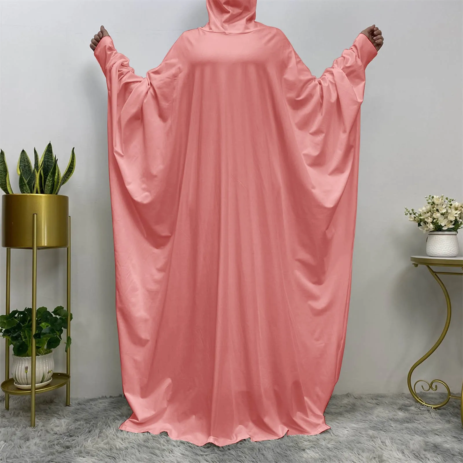 

Women's Muslim Bat Long Sleeve Dresses Casual Long Dress Hooded Long Dresses Solid Colour Loose Plus Size Long Robe Dresses