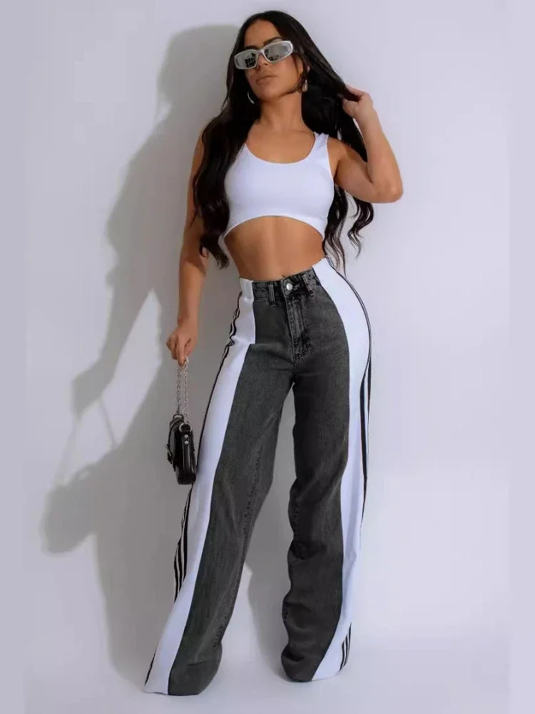 XIZOU Splicing Three Stripe Wide Leg Denim Pants 2024 Summer Fashion Women's New Casual High Waist Elastic Straight Leg Pants