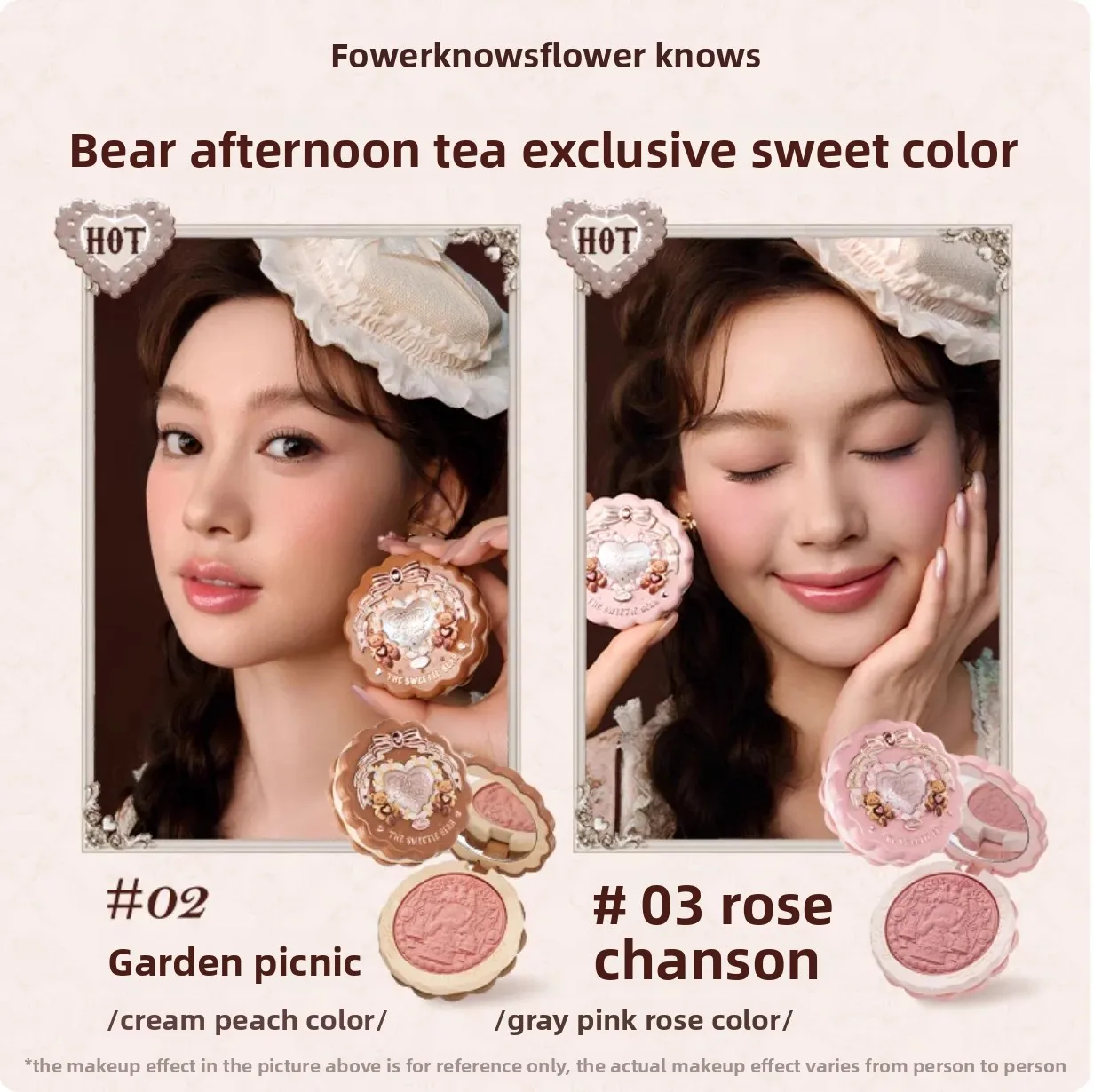 Flower Knows Sweetie Bear Collection Dames Satijn Reliëf Blush Zacht Licht Heldere Kleur Gezichtsmake-up Schoonheid Cosmetisch