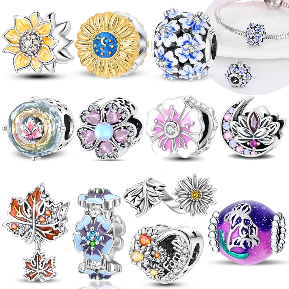 سحر الأصلي الوردي الزركون الزهور الأرجواني القزحية الزهور عباد الشمس الخرز صالح سوار 925 الفضة النساء المجوهرات Diy بها بنفسك غرامة هدية #1