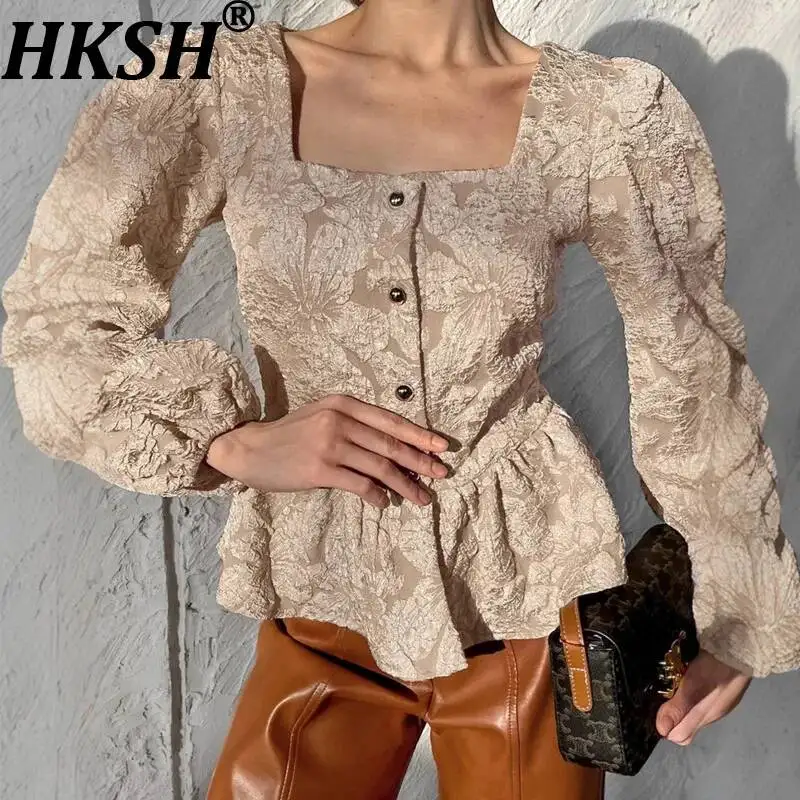 

HKSH Women Jacquard Shirt French Style Trendy Square Collar Puff Sleeve Single Breasted Ruffles Blouse New Spring Autumn HK23637