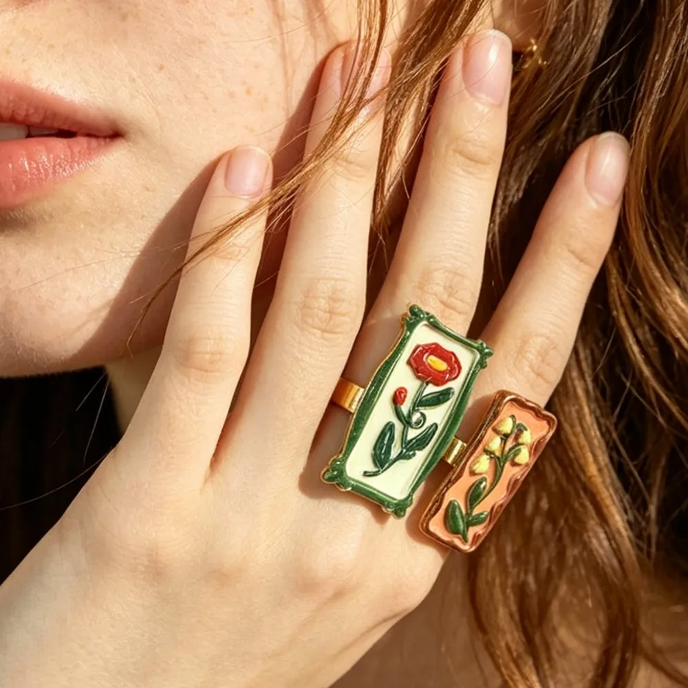 Retro Fashion Dopamine Oil Painting Flower Enamel Rectangle Frame Floral Open Rings for Women Boho Statement Finger Jewelry Gift