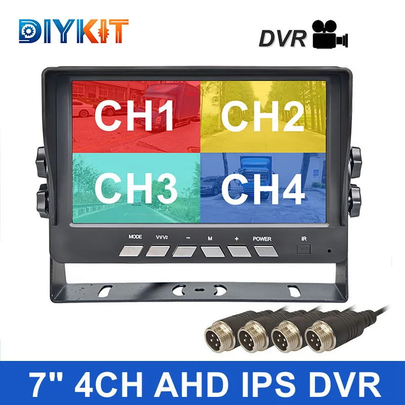 DIYKIT 4CH 7inch AHD IPS DVR 4 Split Quad LCD Screen Car Rear View Monitor Support 720P 1080P AHD CVBS Cameras Video Recording