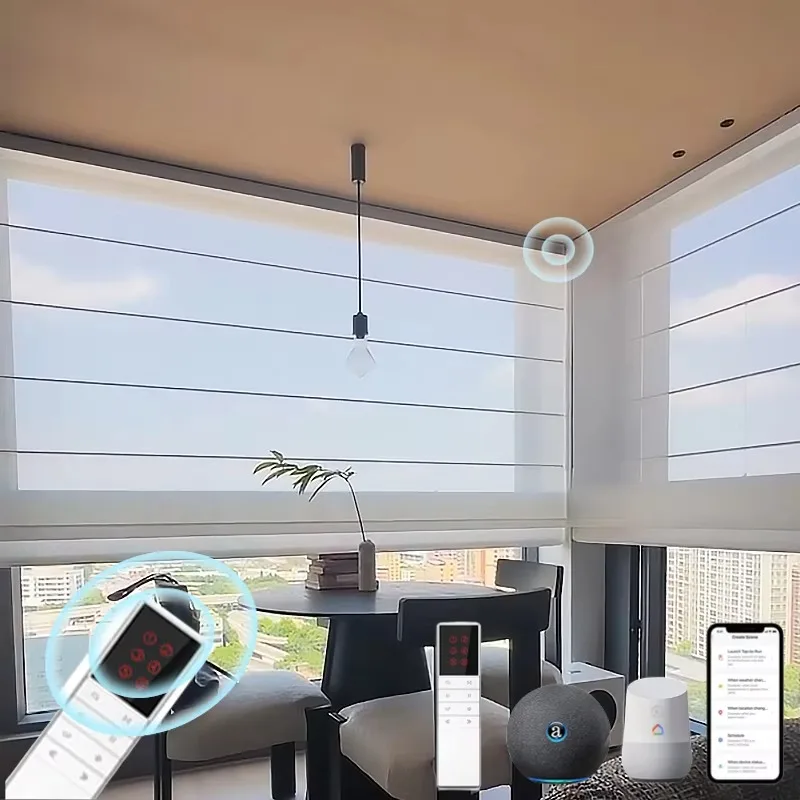 

Modern Light Filtering Cordless Electric Smart Roman Shades Horizontal Window Blinds Built-In Roller Slat
